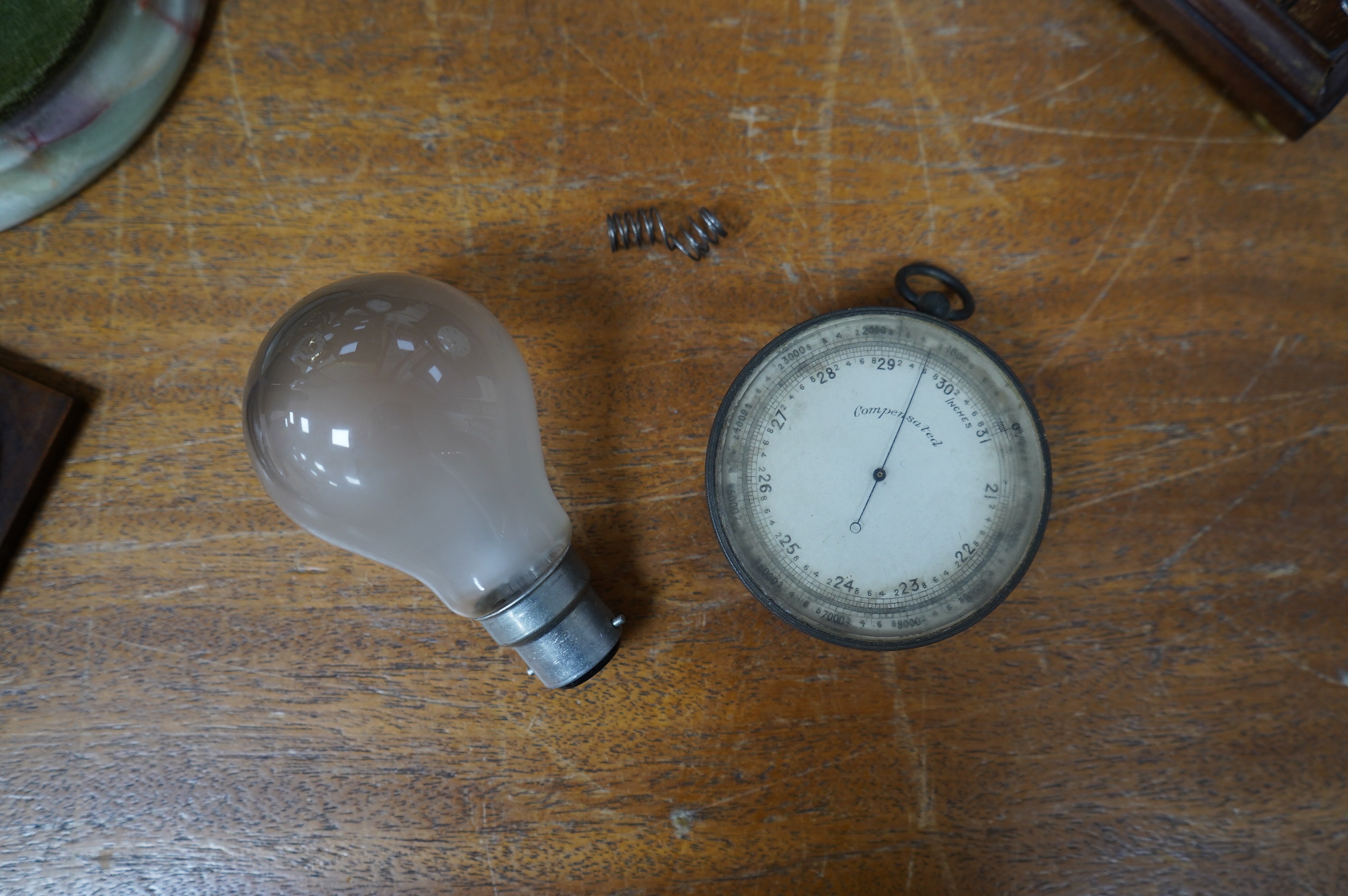 Sundry items to include four Edwardian inlaid mantel clocks, a barometer and a skeleton clock (7). Condition - mostly fair, untested